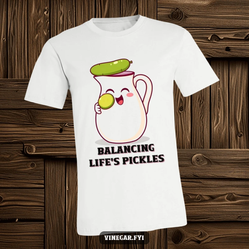 Funny t-shirt featuring a thrilled vinegar jug balancing a tiny pickle slice on its nose, celebrating food and fun.