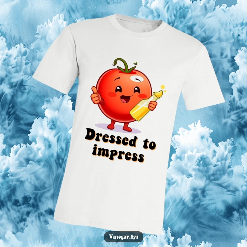 Funny T-Shirt showcasing a happy cherry tomato giving a thumbs up, holding a vinegar cruet, celebrating a perfect and tasty culinary union.