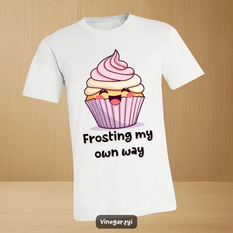Funny kawaii cupcake excitedly frosting itself with a giggle, printed on a funny t-shirt, celebrating sweetness and joy.