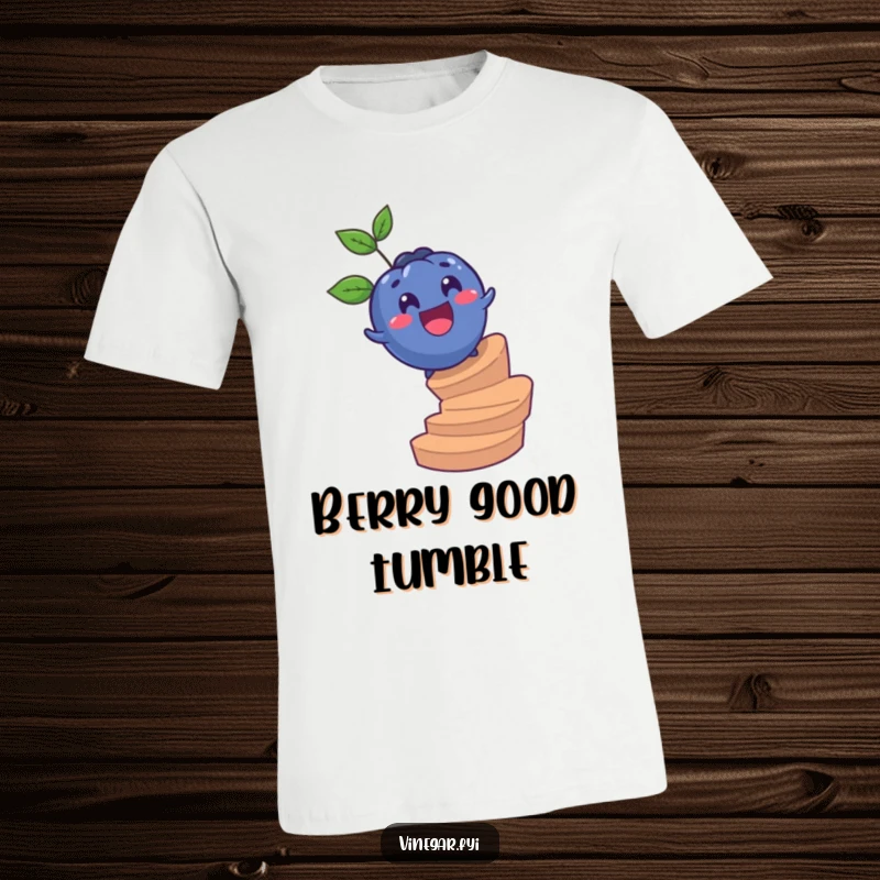 Funny t-shirt featuring a surprised blueberry gleefully rolling down a spiral staircase, showcasing a moment of delightful, fruity adventure.