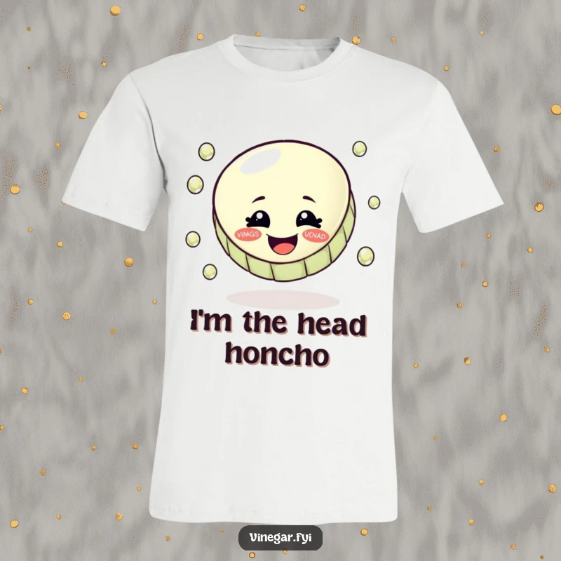 Funny t-shirt graphic of a happy bottle cap skillfully juggling small, shiny vinegar droplets, a true culinary comedian.