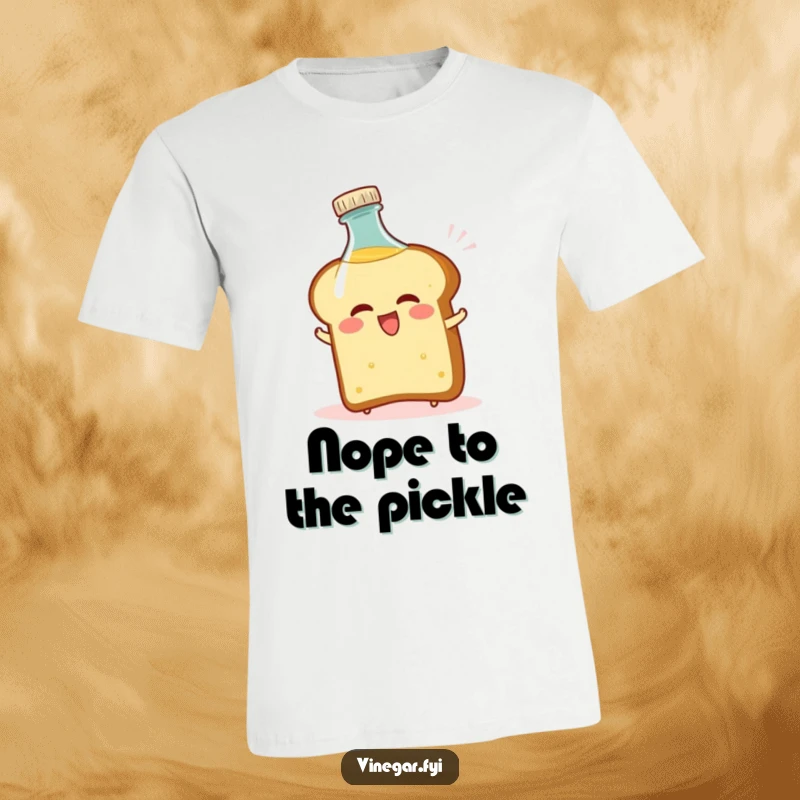 Funny t-shirt with a bread slice comically recoiling from a vinegar bottle, illustrating a humorous food reaction.