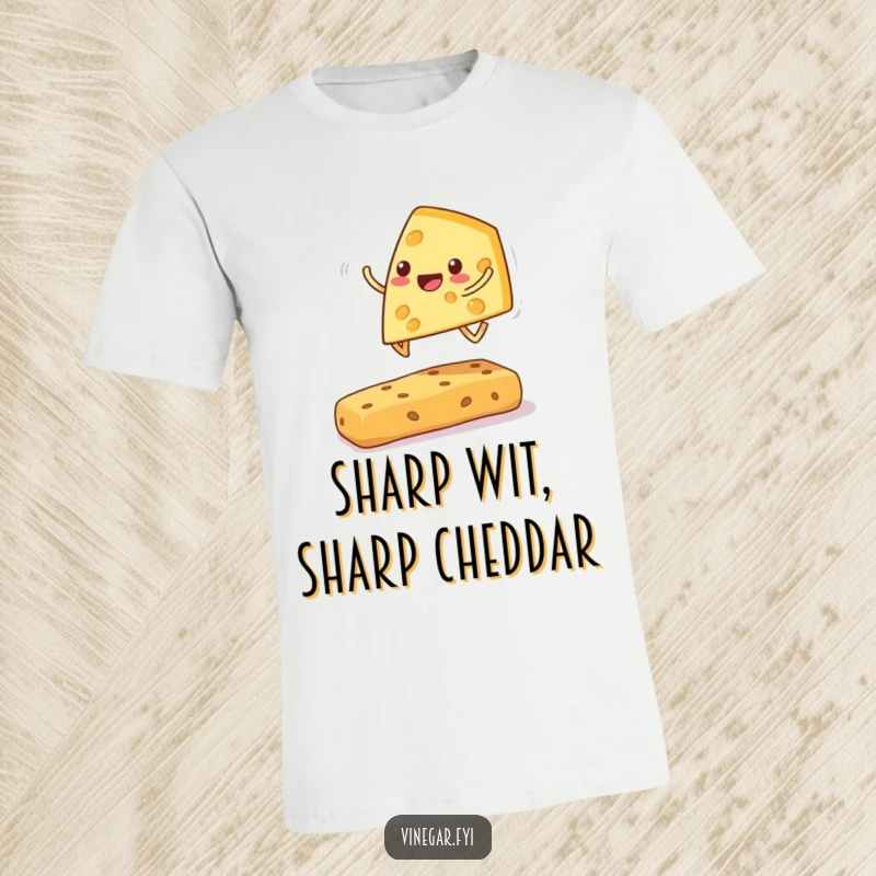 Funny cheese wedge t-shirt showing a cheerful wedge playing leapfrog over a cracker, embodying playful snack time.