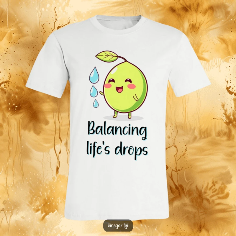 Funny t-shirt with a wobbly green lime character smiling and juggling droplets, showcasing energetic and humorous hydration.