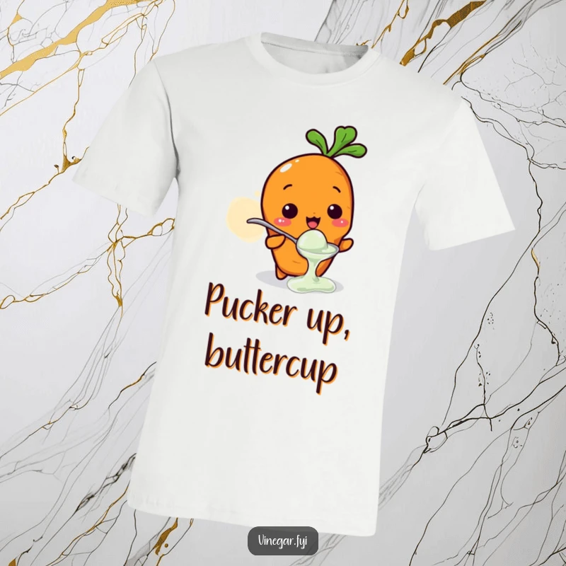Funny t-shirt featuring a small Kawaii carrot character tasting vinegar from a tiny spoon, with a comically sour expression, perfect funny gift.