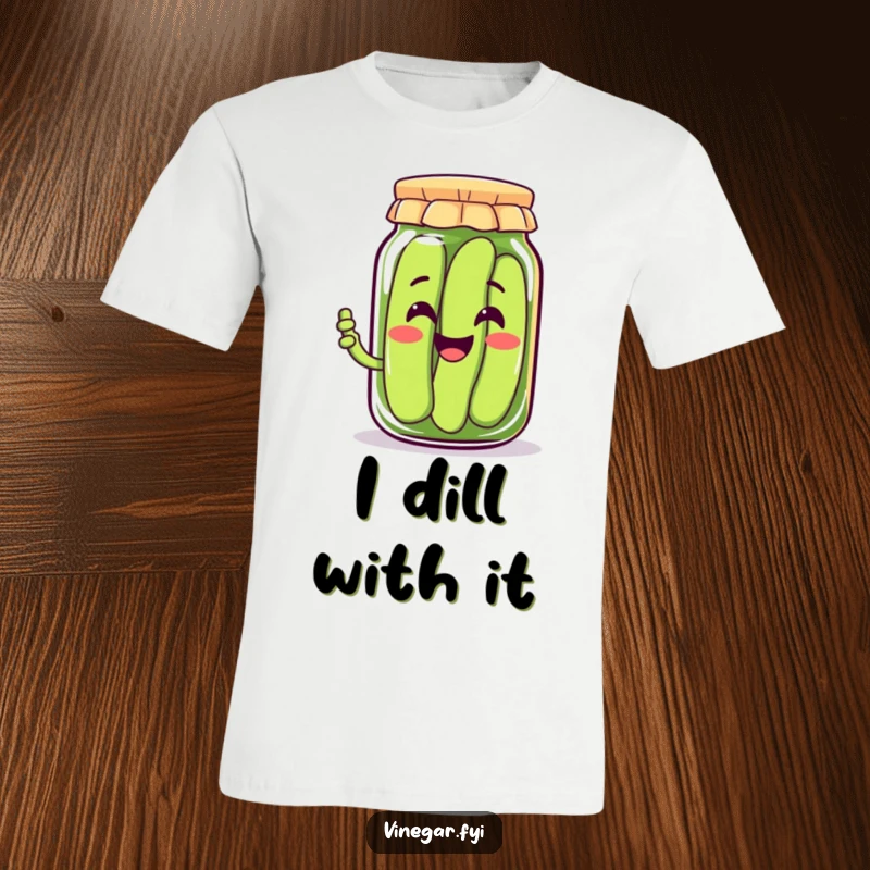 Funny t-shirt with a happy Kawaii pickle jar character smiling broadly and offering a pickle, conveying pure joy, a great funny gift.
