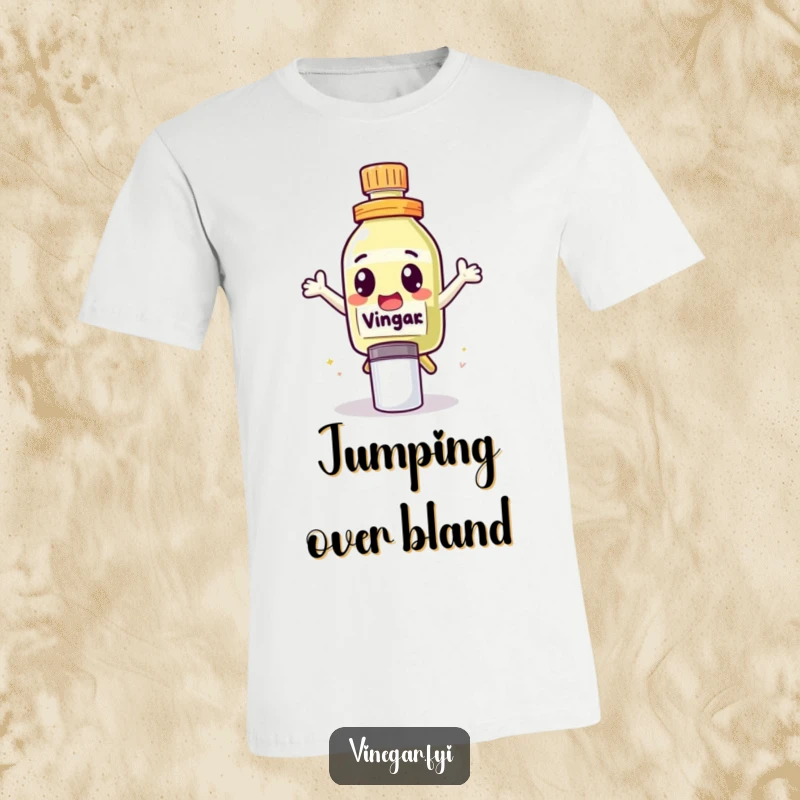 Funny T-Shirt with a cute vinegar bottle character, eyes wide with excitement, leaping playfully over a salt shaker.