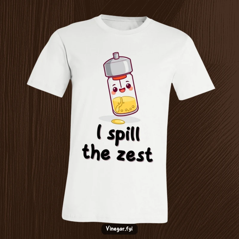 Funny t-shirt: A cheerful pepper shaker tips over to pour a tiny stream of vinegar, capturing a moment of playful condiment mishap.