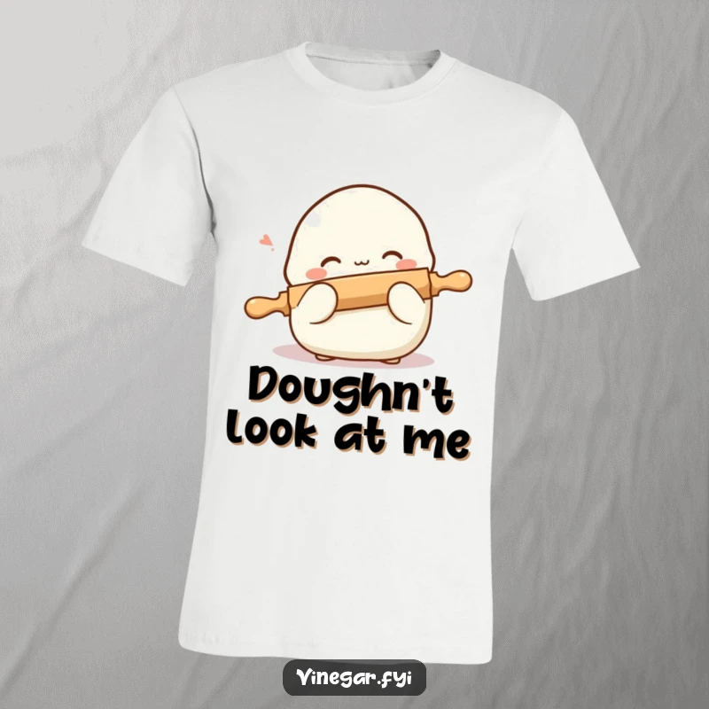 Funny t-shirt with a blushing dumpling hiding shyly behind a tiny rolling pin, radiating bashful and cute food vibes.