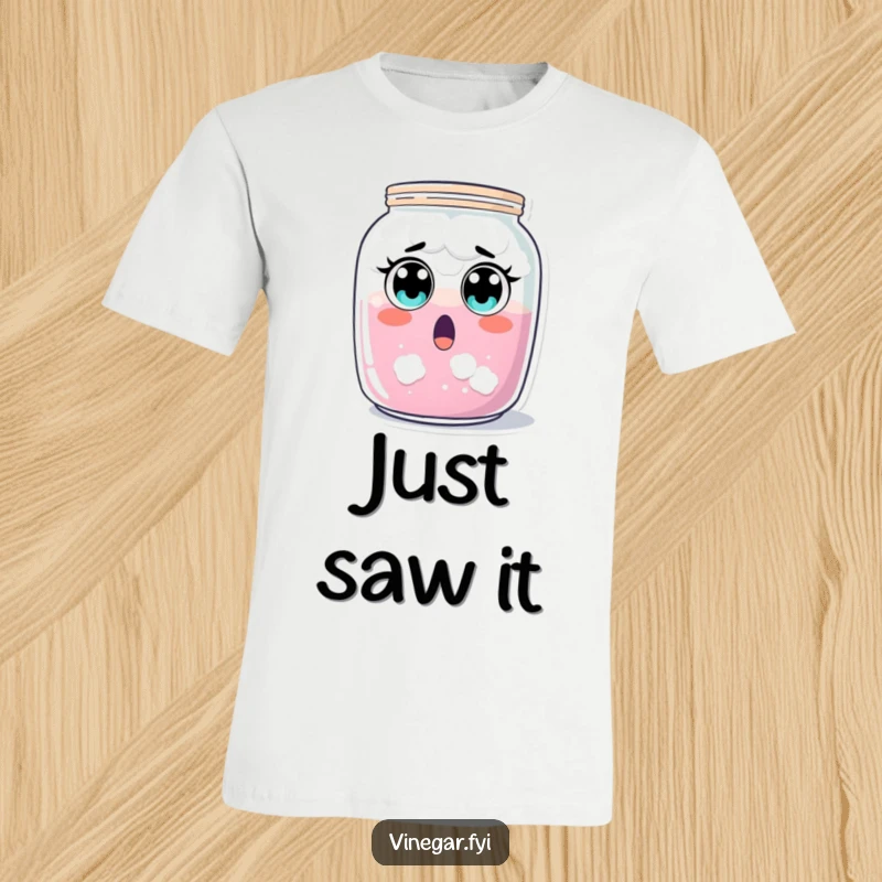 Funny surprised jar of cloudy liquid t-shirt, recoiling with wide eyes, conveying shock and amusement, a great funny gift.