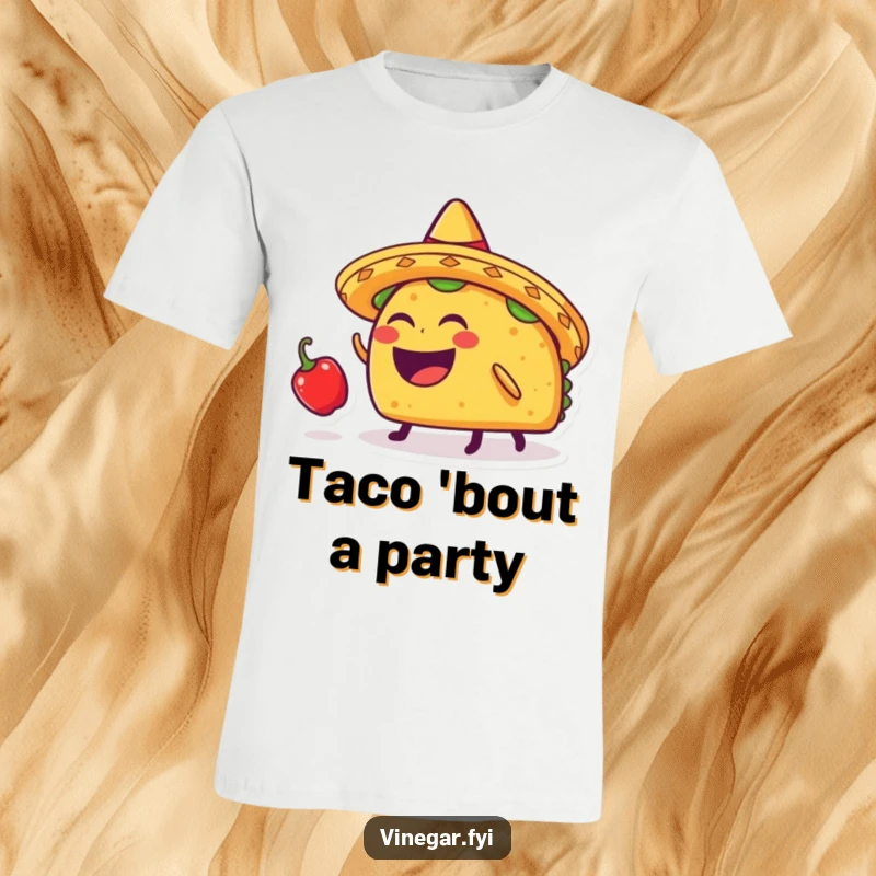 Funny laughing taco wearing a sombrero, playfully bouncing a small chili pepper on its head, featured on a fun t-shirt.