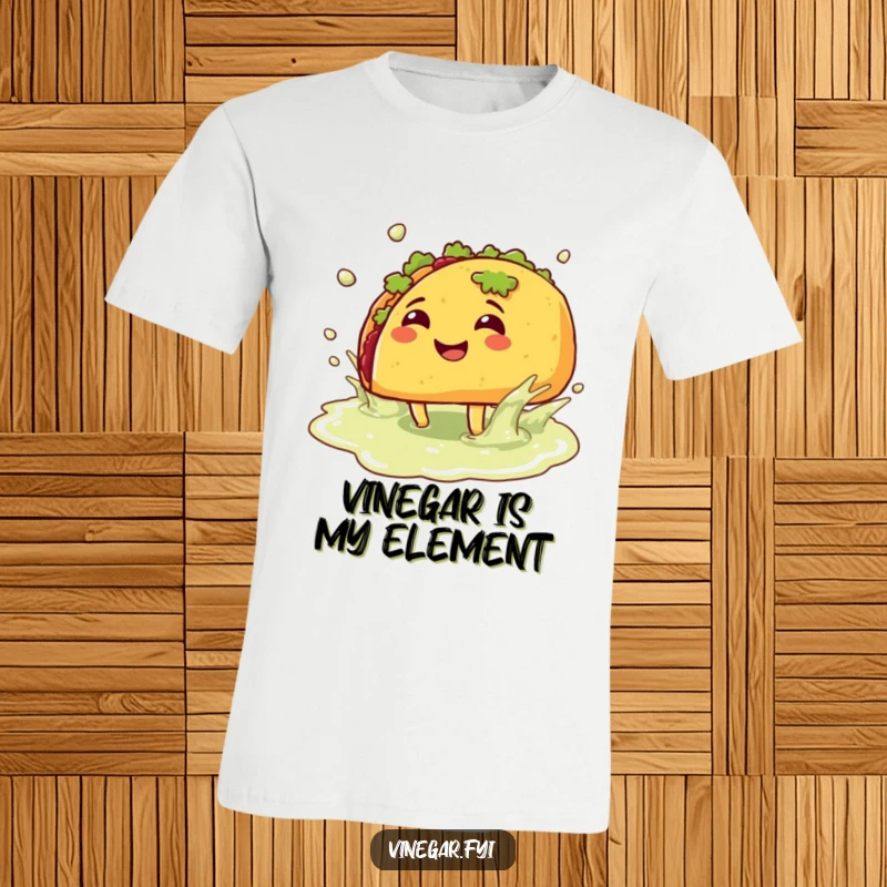 Funny t-shirt: A joyful taco with legs splashes with abandon in a vinegar puddle, exuding pure, unadulterated fun and food-themed silliness.