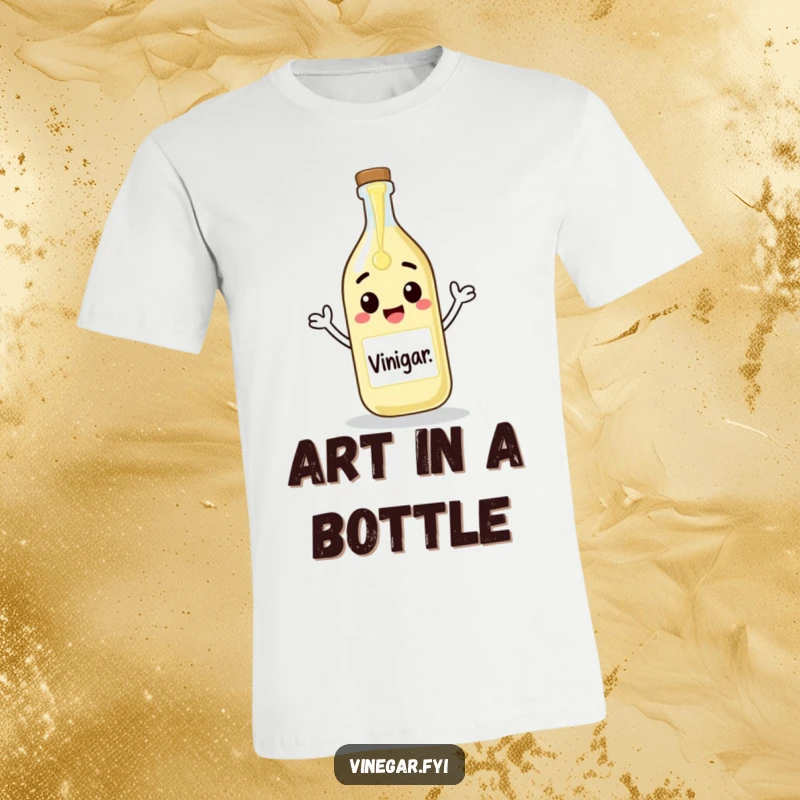 Funny t-shirt showing a cheerful vinegar bottle pouring itself onto a blank canvas, celebrating art and creative expression.