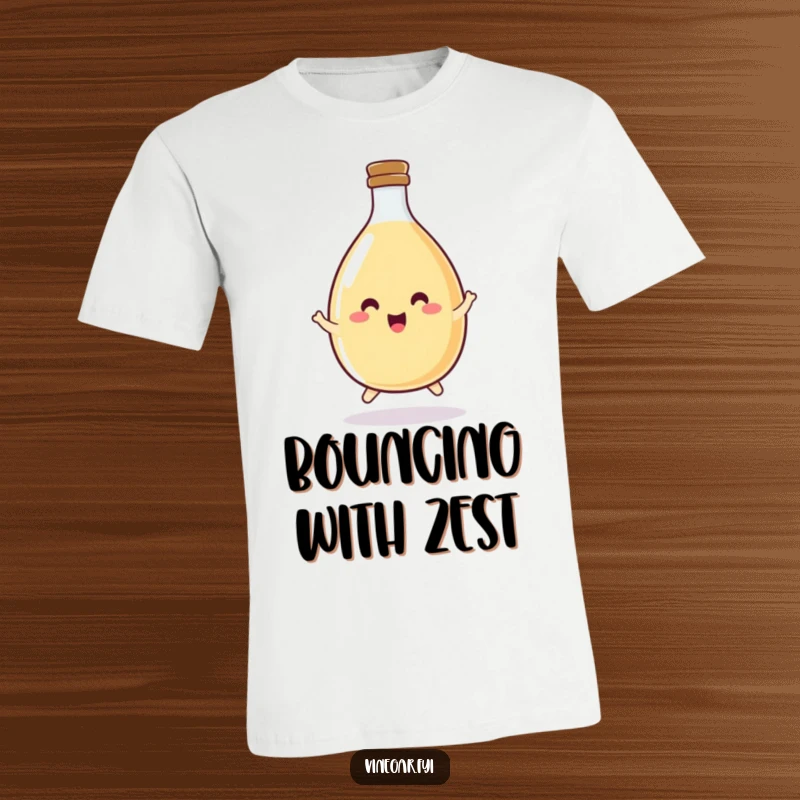 Funny vinegar bottle t-shirt depicting a happy, round bottle in mid-hop, radiating pure condiment cheerfulness.