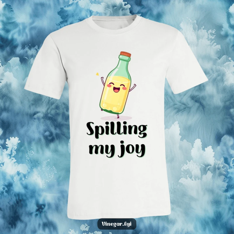 Funny, stylized vinegar bottle t-shirt depicted joyfully tipping itself over with a beaming, happy face.