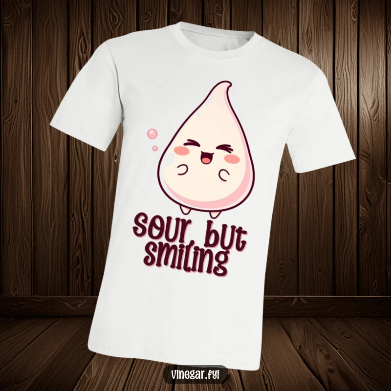 Funny T-Shirt showcasing a delighted vinegar character with a mischievous wink, highlighting its bold personality and zesty charm.