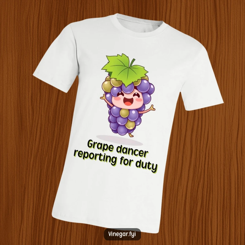 Funny grape bunch in a leaf hat, captured mid-silly dance, radiating pure joy on a soft cotton t-shirt.