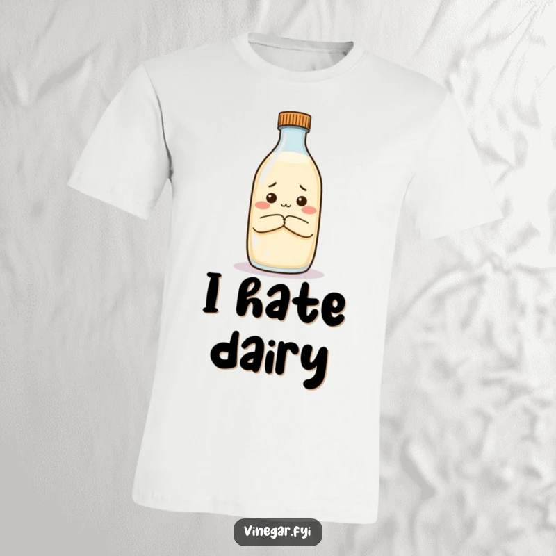 Funny t-shirt with a cute vinegar bottle arms crossed, conveying unimpressed judgment towards milk, perfect for sarcastic apparel.