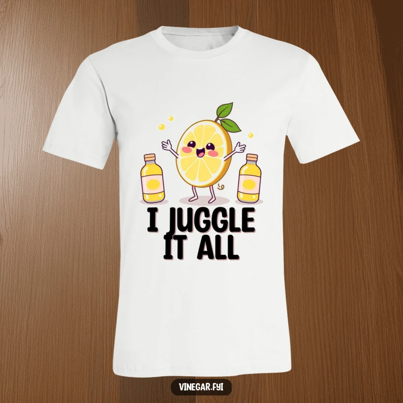 Funny Kawaii lemon slice, eyes sparkling with delight, juggling tiny vinegar bottles on this vibrant and funny t-shirt. Citrus fun.