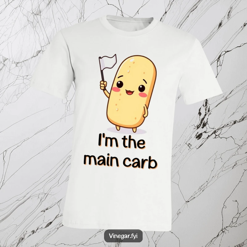 Funny t-shirt with a happy baguette character proudly waving a small flag, conveying a sense of celebration.