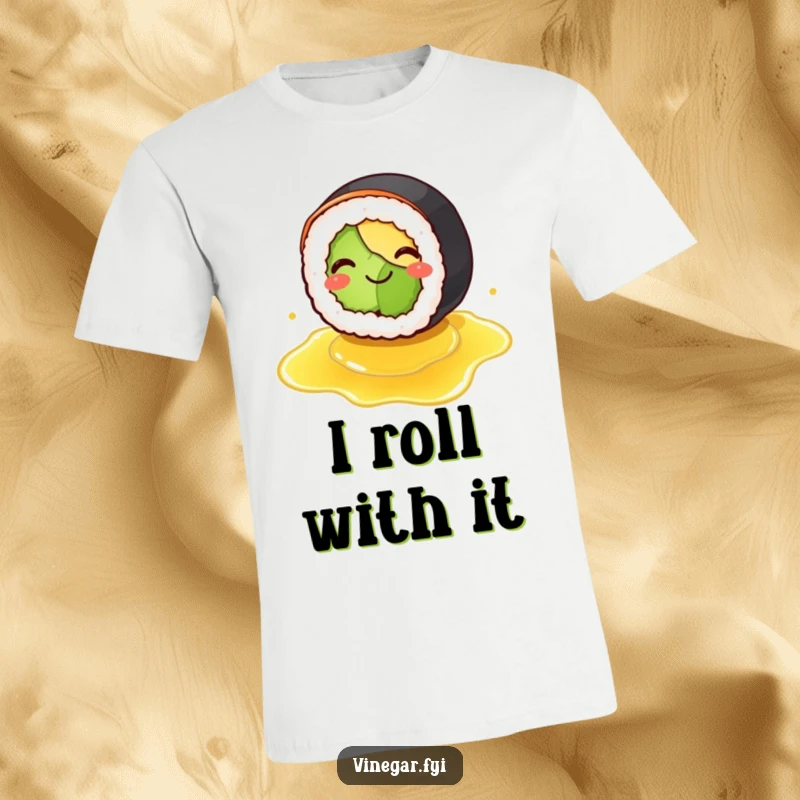 Funny t-shirt graphic of a smiling sushi roll comically losing its balance on spilled vinegar. A humorous food-themed design.