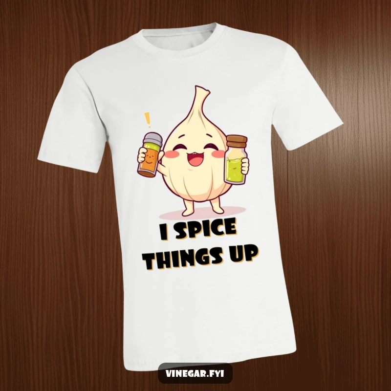 Funny giggling garlic clove character triumphantly holding a tiny vinaigrette shaker on a t-shirt, great funny gift.