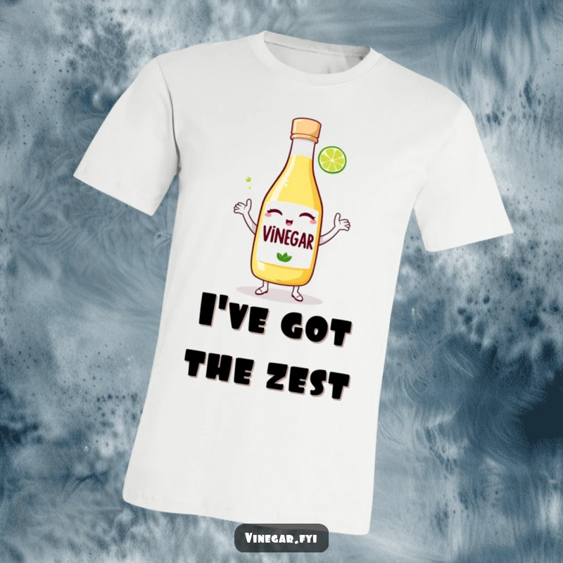 Funny t-shirt: A winking bottle of vinegar does a silly dance with a lime wedge, embodying zest, humor, and lively kitchen camaraderie.