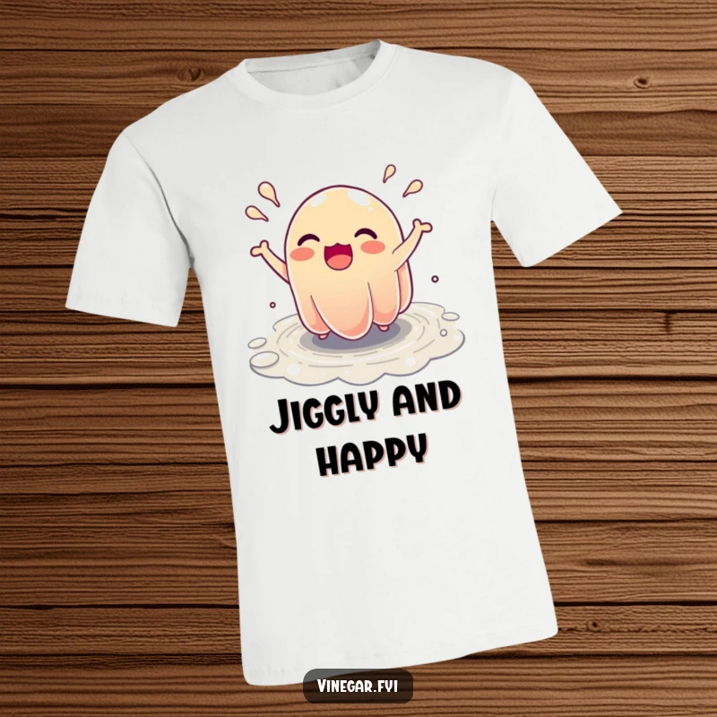 Funny T-Shirt: An excited jelly character bounces ecstatically, forming small, playful rivulets in a fun design.