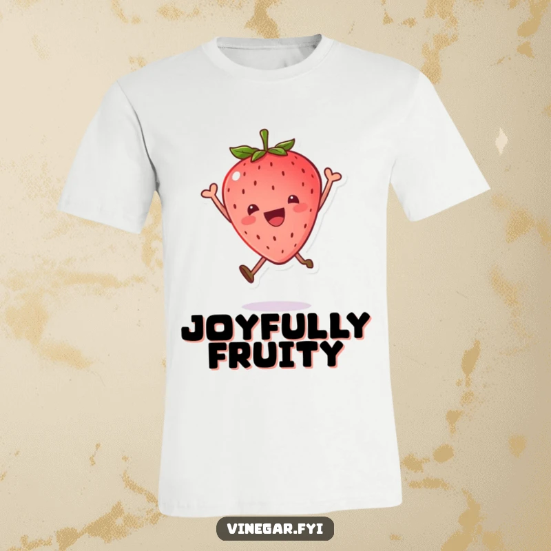 Funny t-shirt featuring a kawaii strawberry mid-leap with a tilted leaf, radiating happiness and energetic, sweet excitement.