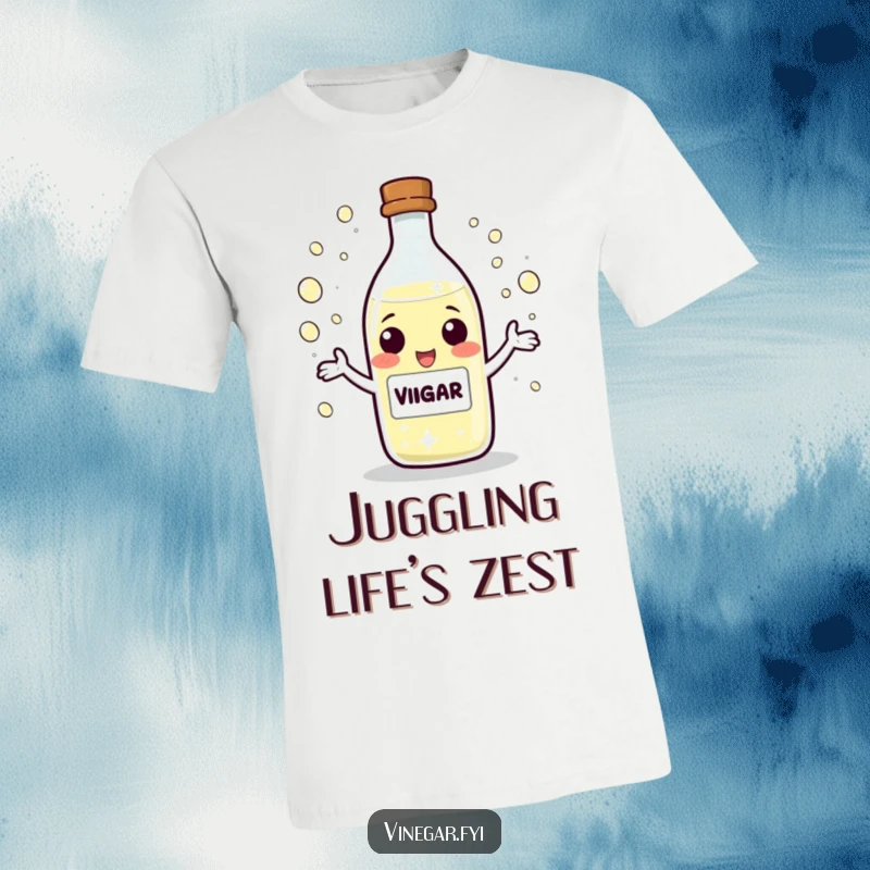 Funny T-Shirt with a playful vinegar bottle character skillfully juggling tiny, sparkling droplets, radiating fun and energy.