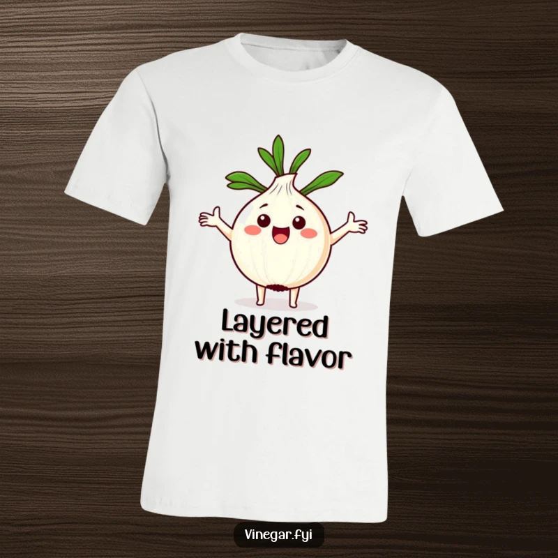 Funny Kawaii onion with arms spread, holding a recipe, printed on a soft and breathable t-shirt.