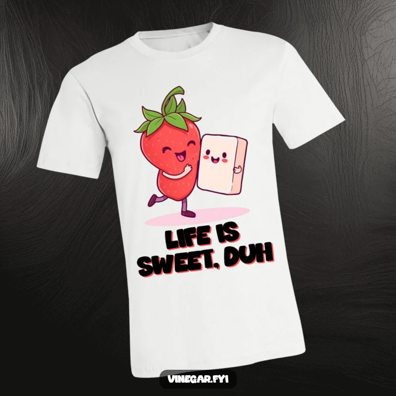 Funny t-shirt featuring a delighted strawberry dancing gracefully with a sugar cube partner, a celebration of sweet fun.