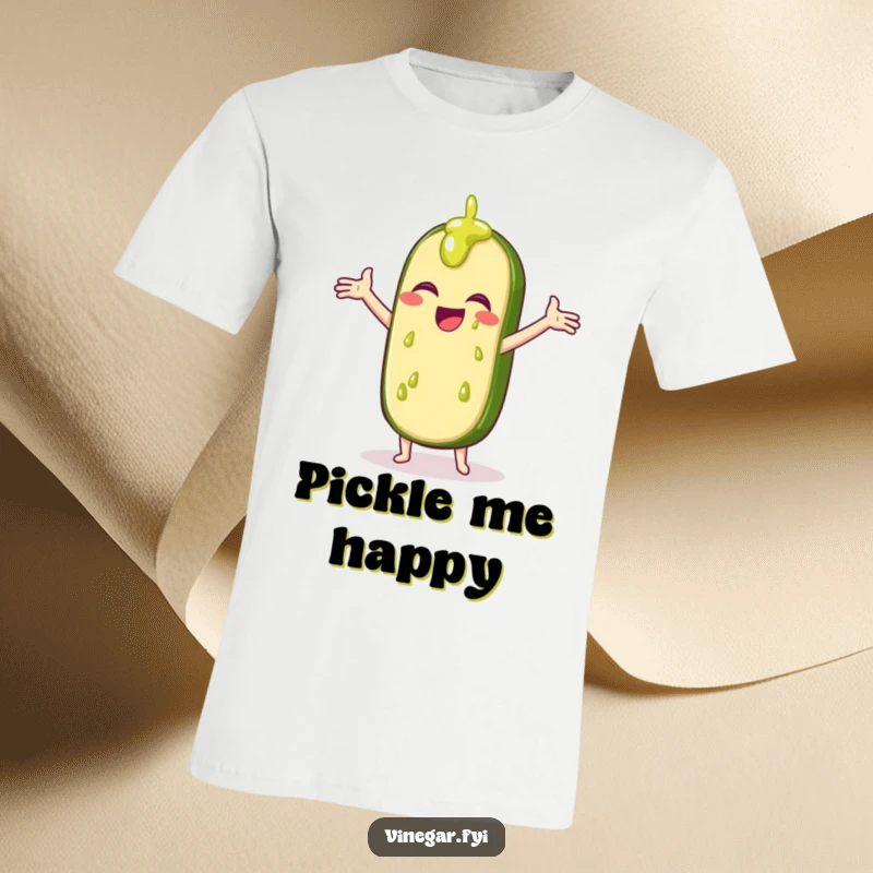Funny graphic tee showing a giggling pickle slice with arms outstretched, catching vinegar drips.