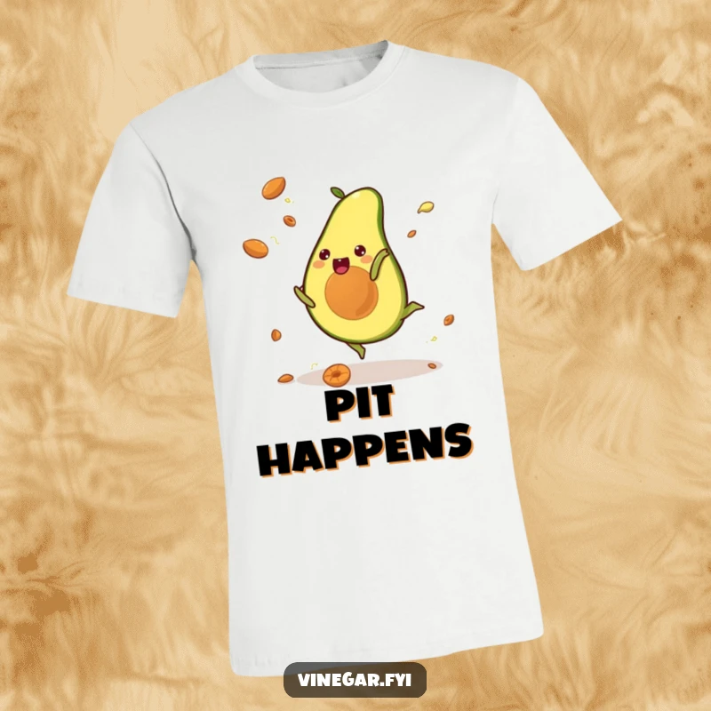 Funny t-shirt featuring a kawaii avocado doing a cartwheel, pits flying, celebrating energetic fun and infectious happiness.