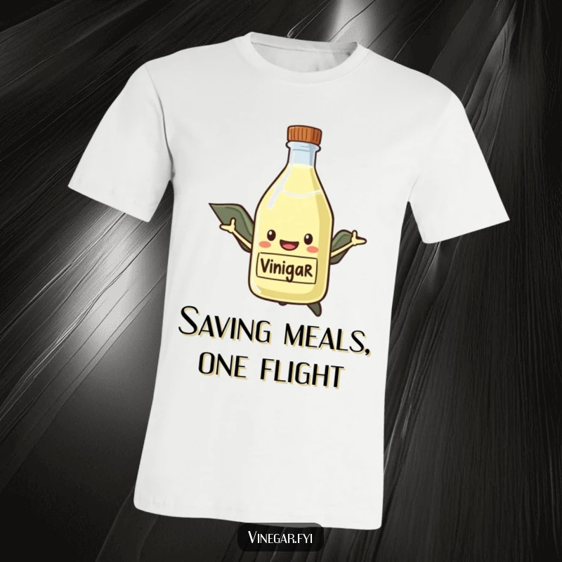 Funny T-Shirt with a smiling vinegar bottle wearing a superhero cape, flying boldly with a determined and heroic expression.