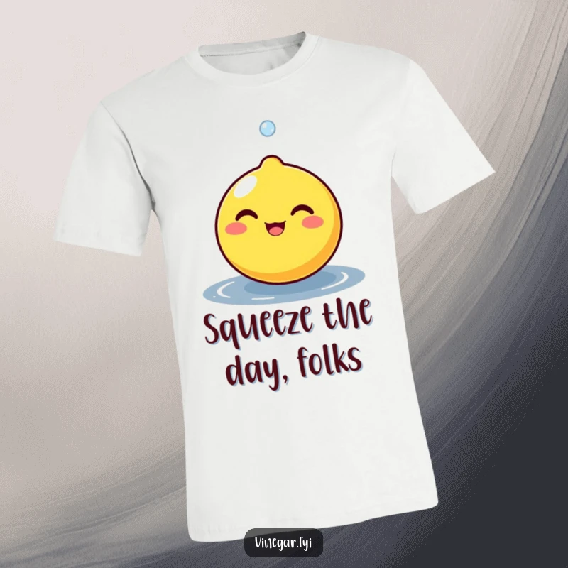 Funny round lemon character beaming joyfully as a small droplet bounces off its surface, printed on a comfortable and sunny t-shirt.