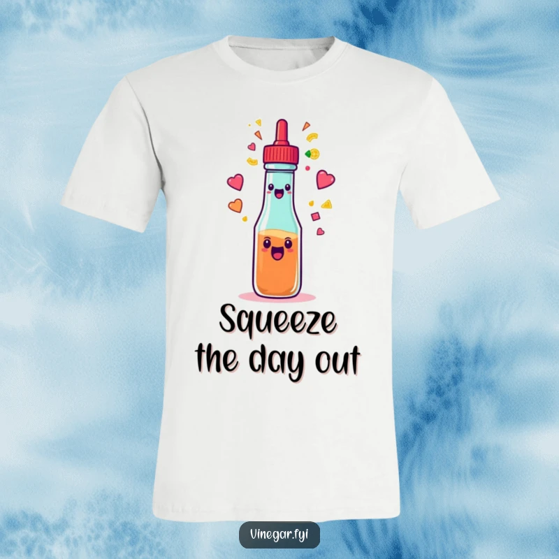 Funny excited condiment squeeze bottle spraying a rainbow of colorful shapes mid-air, showcased on a lively t-shirt.