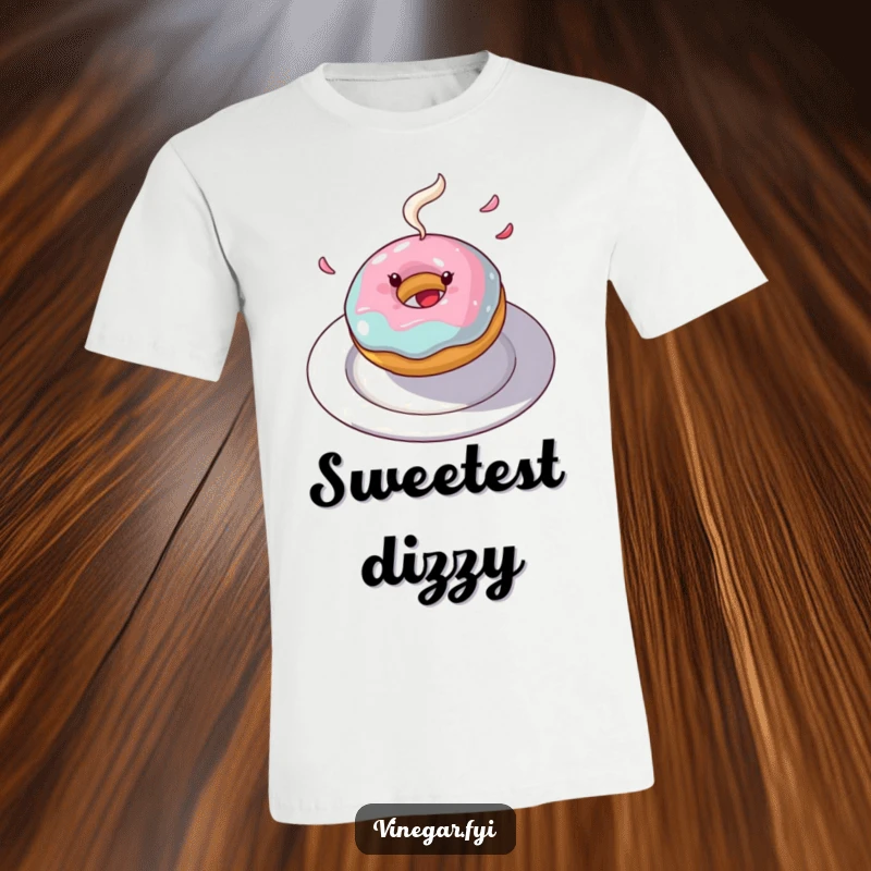 Funny donut t-shirt showing a joyful donut spinning with frosting flying, capturing a moment of delicious fun.