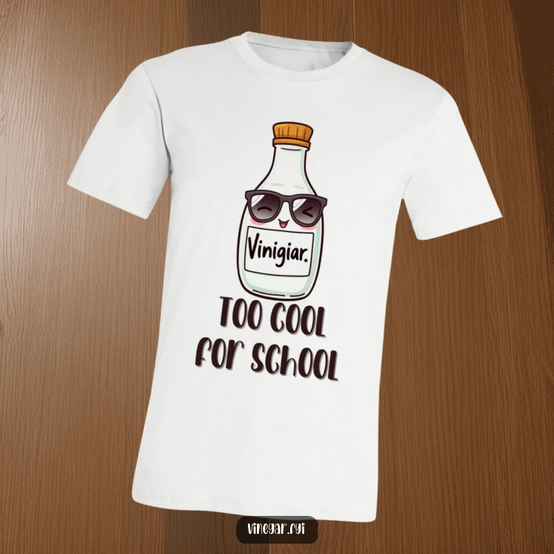 Funny t-shirt showcasing a mischievous vinegar bottle in tiny sunglasses, winking with a playful wink, a great gift idea.