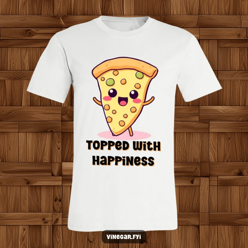 Funny Kawaii Pizza T-Shirt: A kawaii slice of pizza happily wiggles its cheesy toppings, radiating fun and flavor.