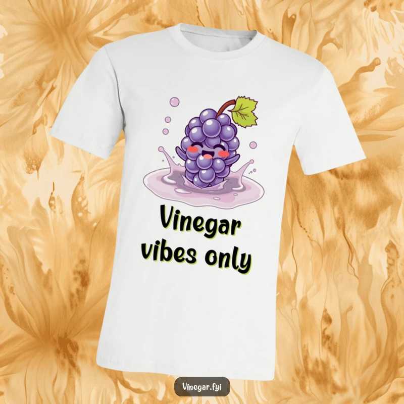 Funny Kawaii grape character, eyes closed in delight, splashing gleefully in a vinegar puddle on this vibrant and funny t-shirt. Giggling joy.