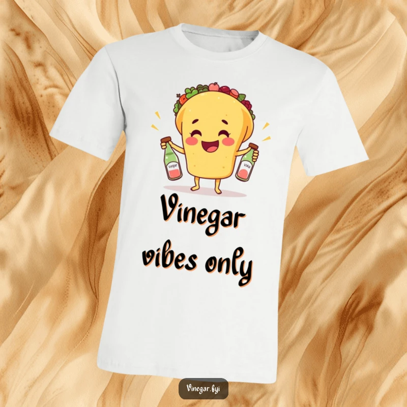 Funny t-shirt graphic of a happy taco masterfully juggling three tiny bottles of vinegar. A humorous and lively food design.