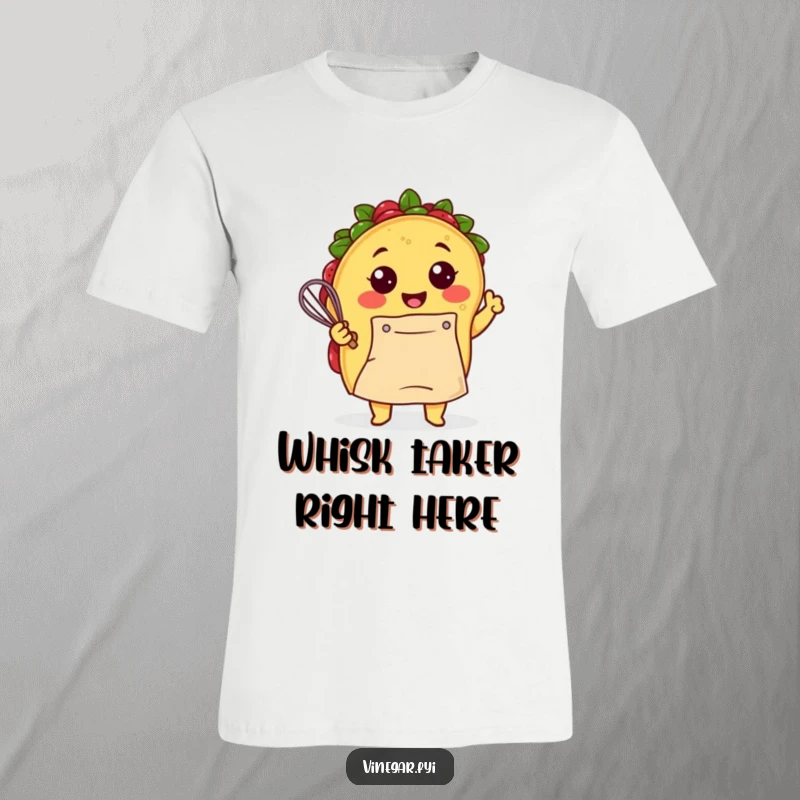 Funny Kawaii taco, beaming with joy, vigorously whisking batter while wearing a chef's apron on this hilarious t-shirt. Kitchen fun.