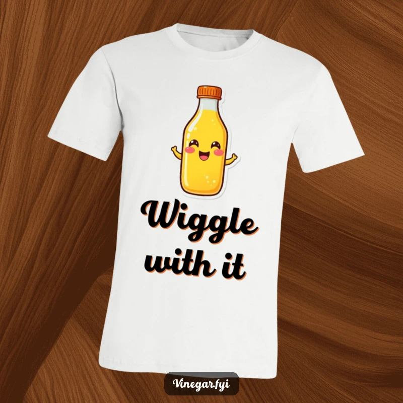 Funny yellow liquid bottle t-shirt in a cheerful wiggle pose, showcasing pure joy and an energetic personality, a great funny gift.