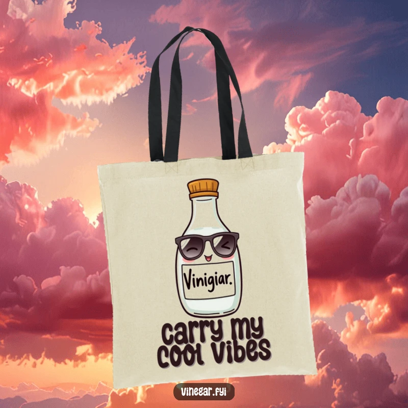 Funny tote bag with a mischievous vinegar bottle wearing sunglasses and winking, perfect for stylish and humorous everyday use.
