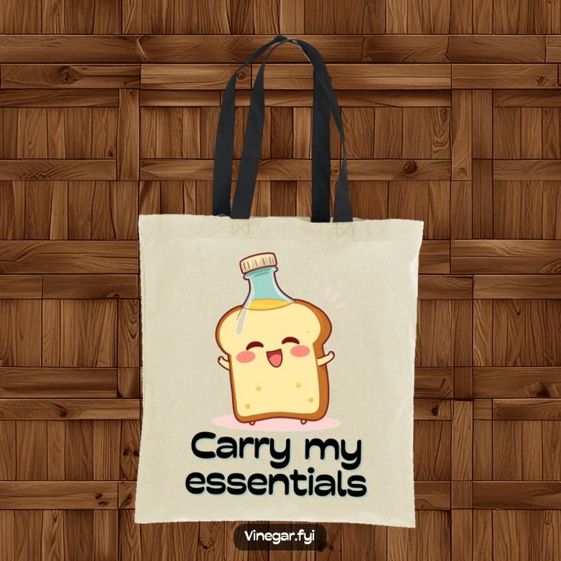 Funny tote bag with a bread slice comically recoiling from a vinegar bottle, a humorous and practical accessory.