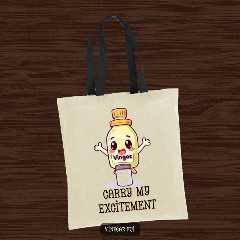 Funny Tote Bag with a cute vinegar bottle character, eyes wide with excitement, leaping over a salt shaker with joy.