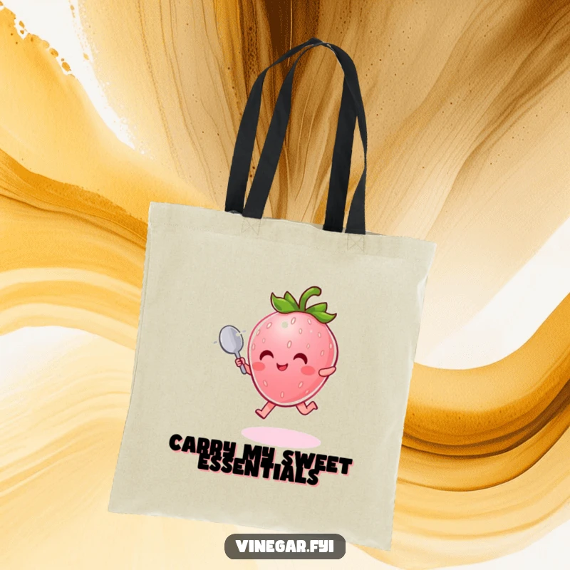 Funny Tote Bag: Radiant pink strawberry character with a tiny spoon joyfully leaps through shimmering mist, carrying happiness.