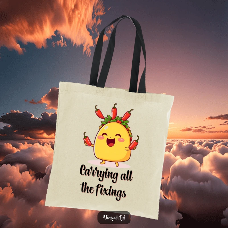 Funny tote bag depicting a grinning taco skillfully juggling three tiny red chili peppers, a vibrant and humorous accessory.