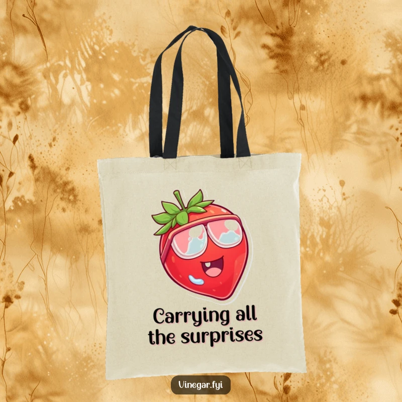 Funny tote bag with a laughing strawberry character wearing tiny vinegar goggles, looking comically shocked.